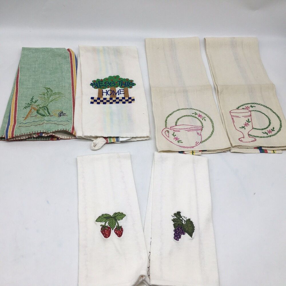 Set Of 6 Vintage Embroidered Tea Towels Linen Cotton READ